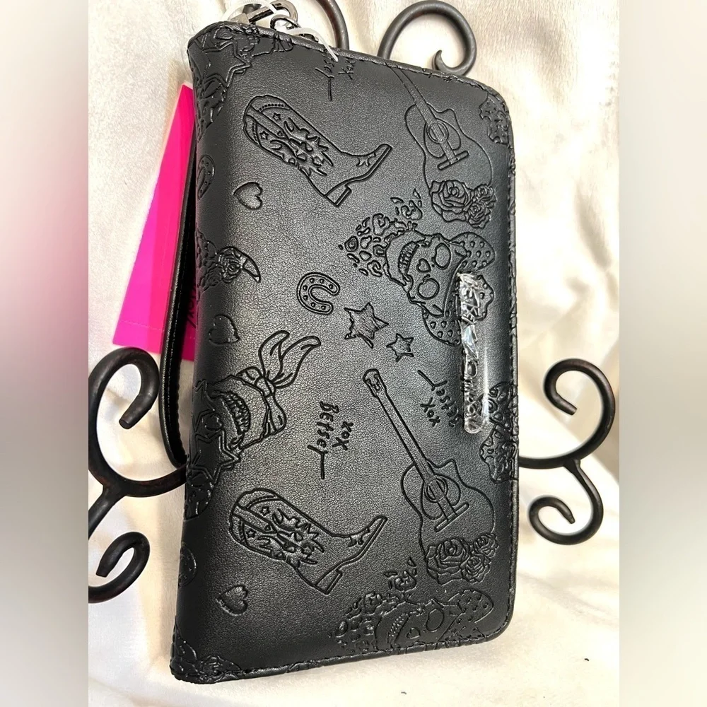 ☠️Betsey Johnson Black Cowboy Boots Skulls Guitars Embossed Wallet/Wristlet☠️NWT